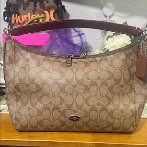 Coach Monogram Shoulder Bag in Brown with Dark Brown Trim